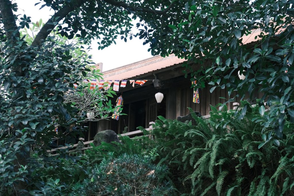 a house is surrounded by greenery and trees