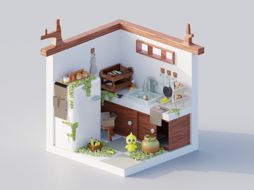 Miniature isometric kitchen with a cute yellow creature.