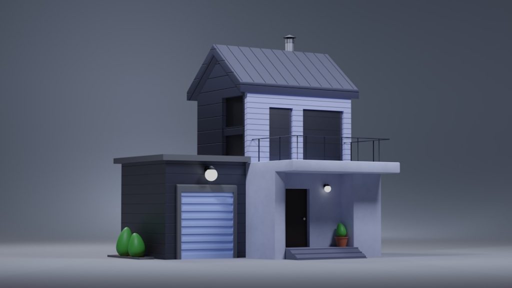A cartoon-style house with a garage.
