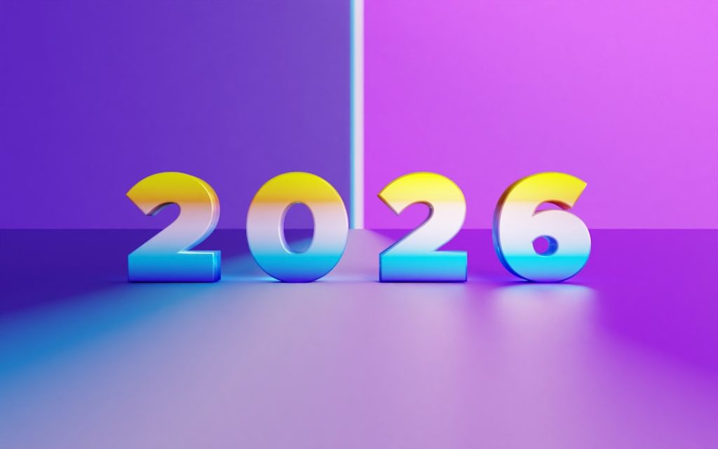 The year 2026 in colorful 3D numbers.