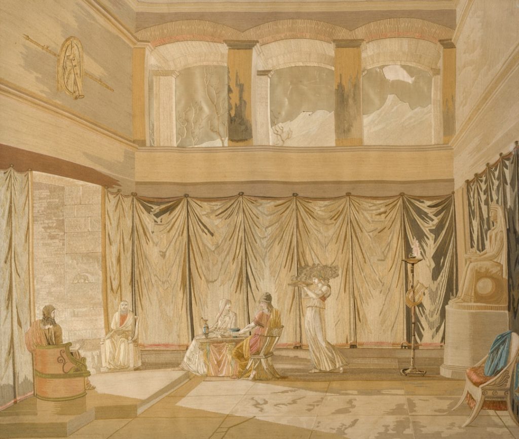 A painting of a room with a lot of curtains